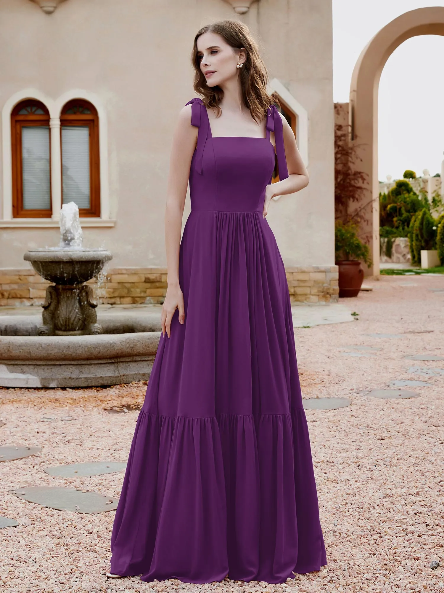 A-Line Bow Ruffle Sleeveless Chiffon Dress Grape