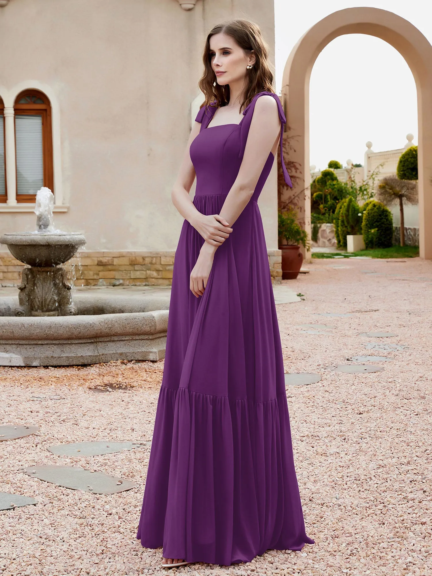 A-Line Bow Ruffle Sleeveless Chiffon Dress Grape