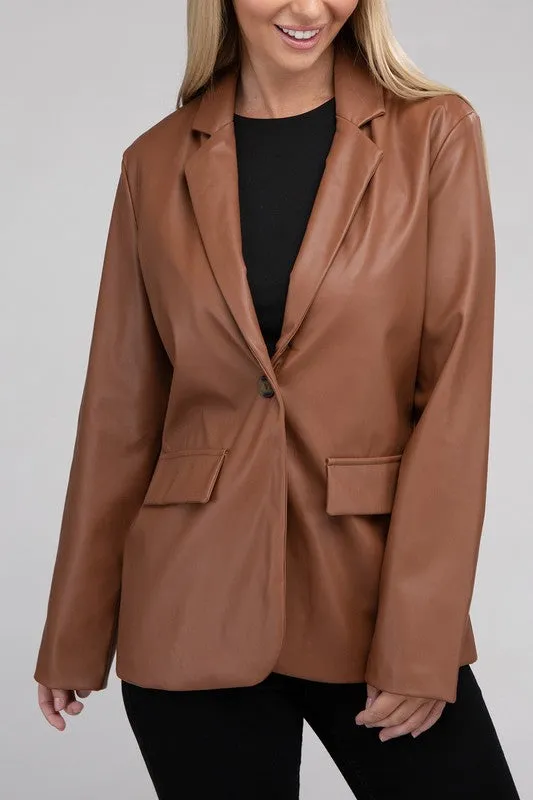 AMBIANCE APPAREL Sleek Pu Leather Blazer with Front Closure