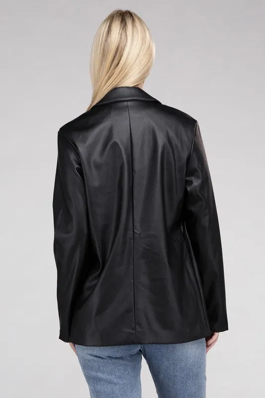 AMBIANCE APPAREL Sleek Pu Leather Blazer with Front Closure