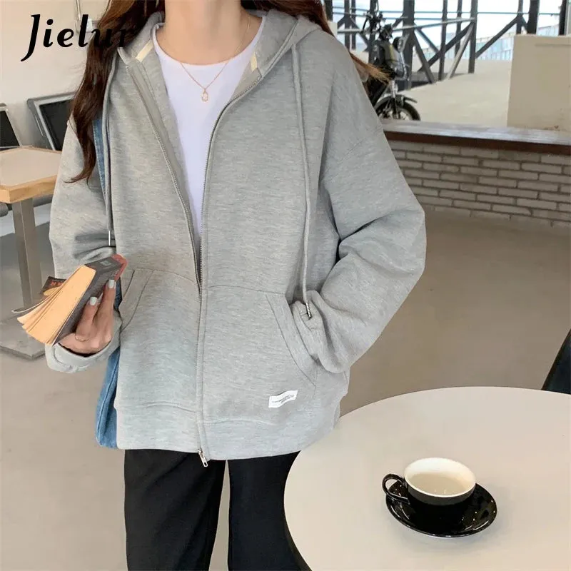 Autumn Chic Zip-up Hoodies Female Casual Street Loose Thin Blue Gray Apricot Sweatshirt Pocket Hooded Women Cardigans