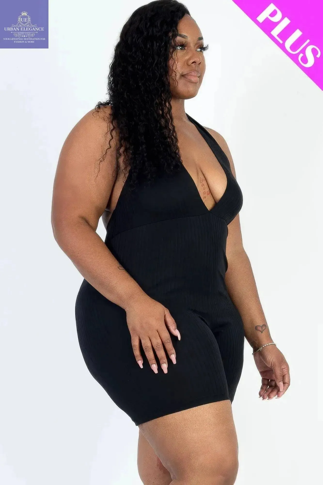 Black Halter V-Neck Plus Size Romper