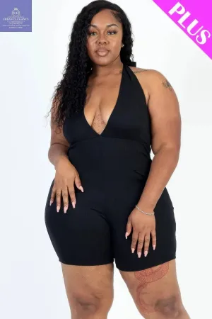 Black Halter V-Neck Plus Size Romper