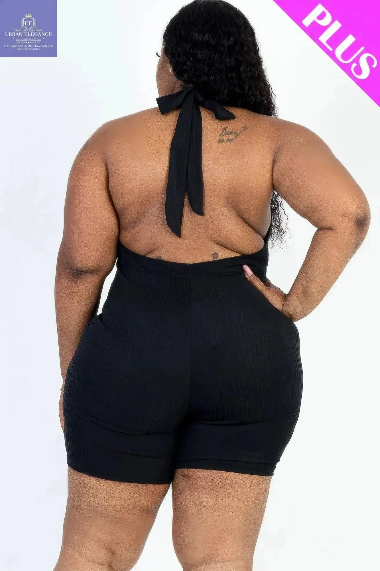 Black Halter V-Neck Plus Size Romper