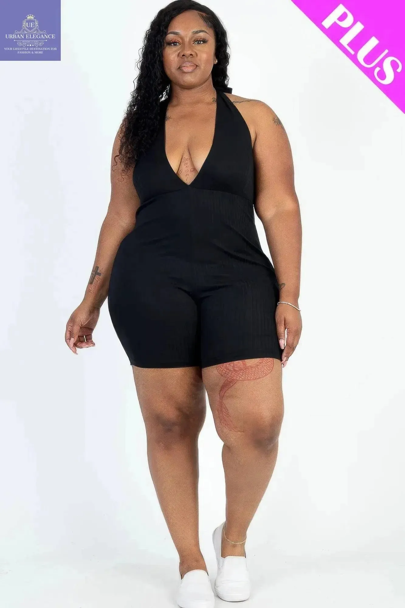 Black Halter V-Neck Plus Size Romper