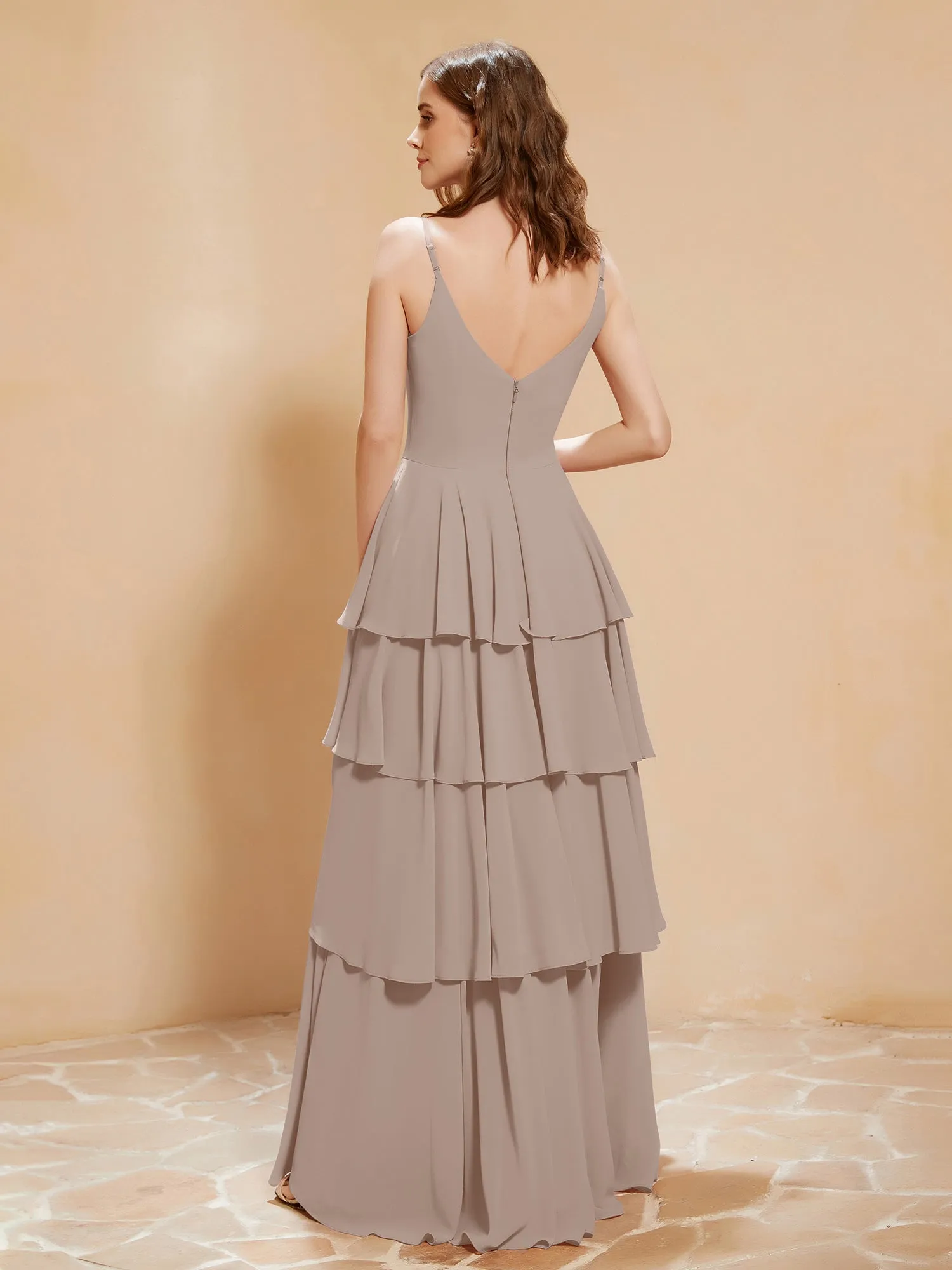 Boho V-neck Floor-length Dress Flowy Ruffles Taupe