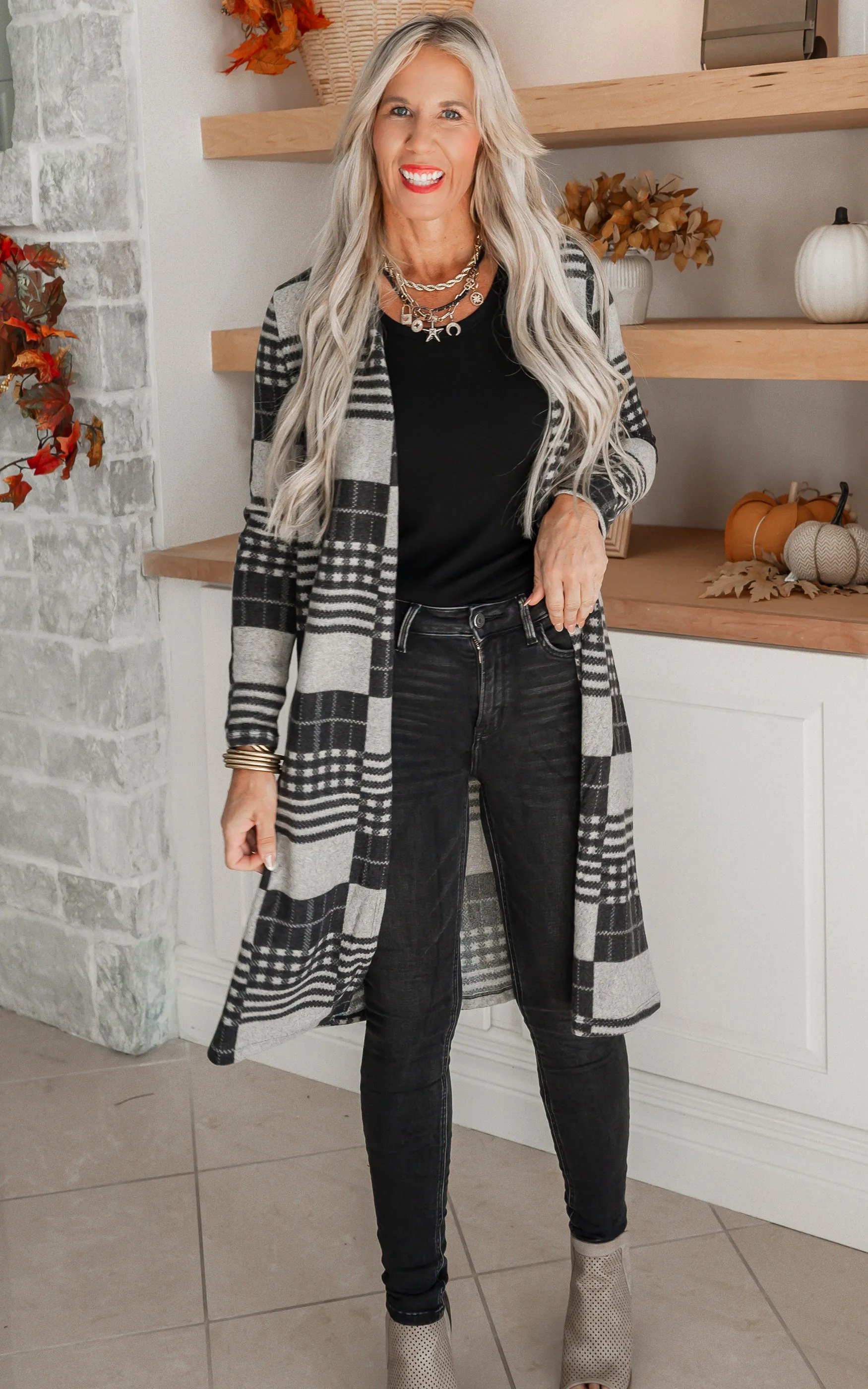 Cashmere Checked Open Midi Cardigan - Final Sale