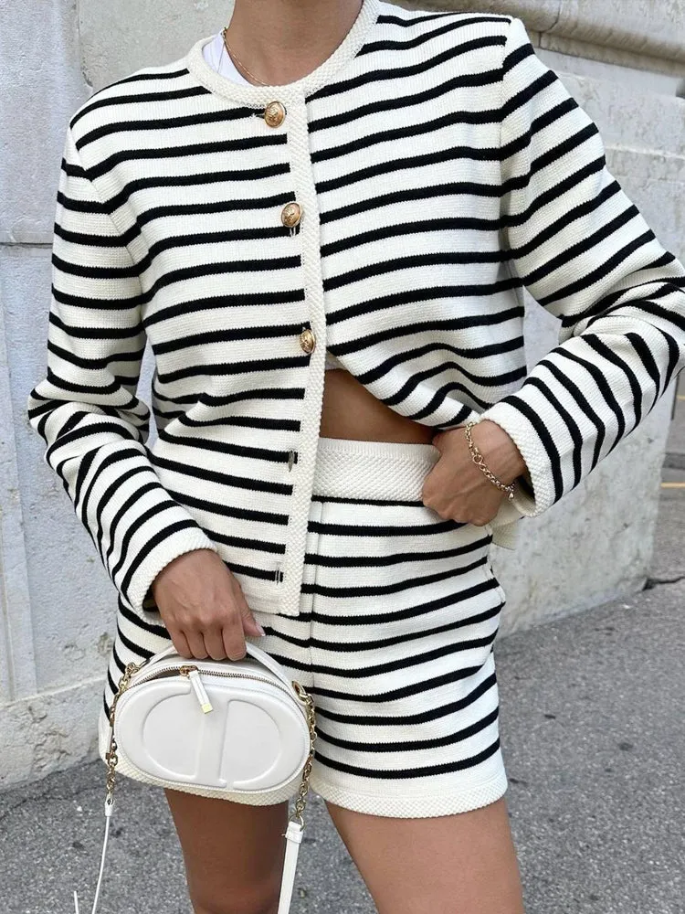 Casual Round Neck Striped Knit Cardigan Sweater Set