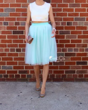 Claire Mint Green Soft Tulle Skirt - Below Knee Midi