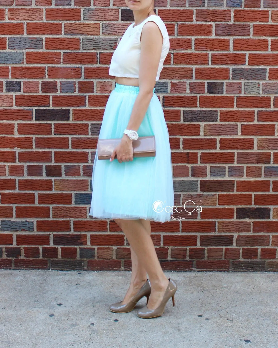 Claire Mint Green Soft Tulle Skirt - Below Knee Midi