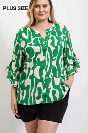 Geometric print ruffled bell sleeve woven top