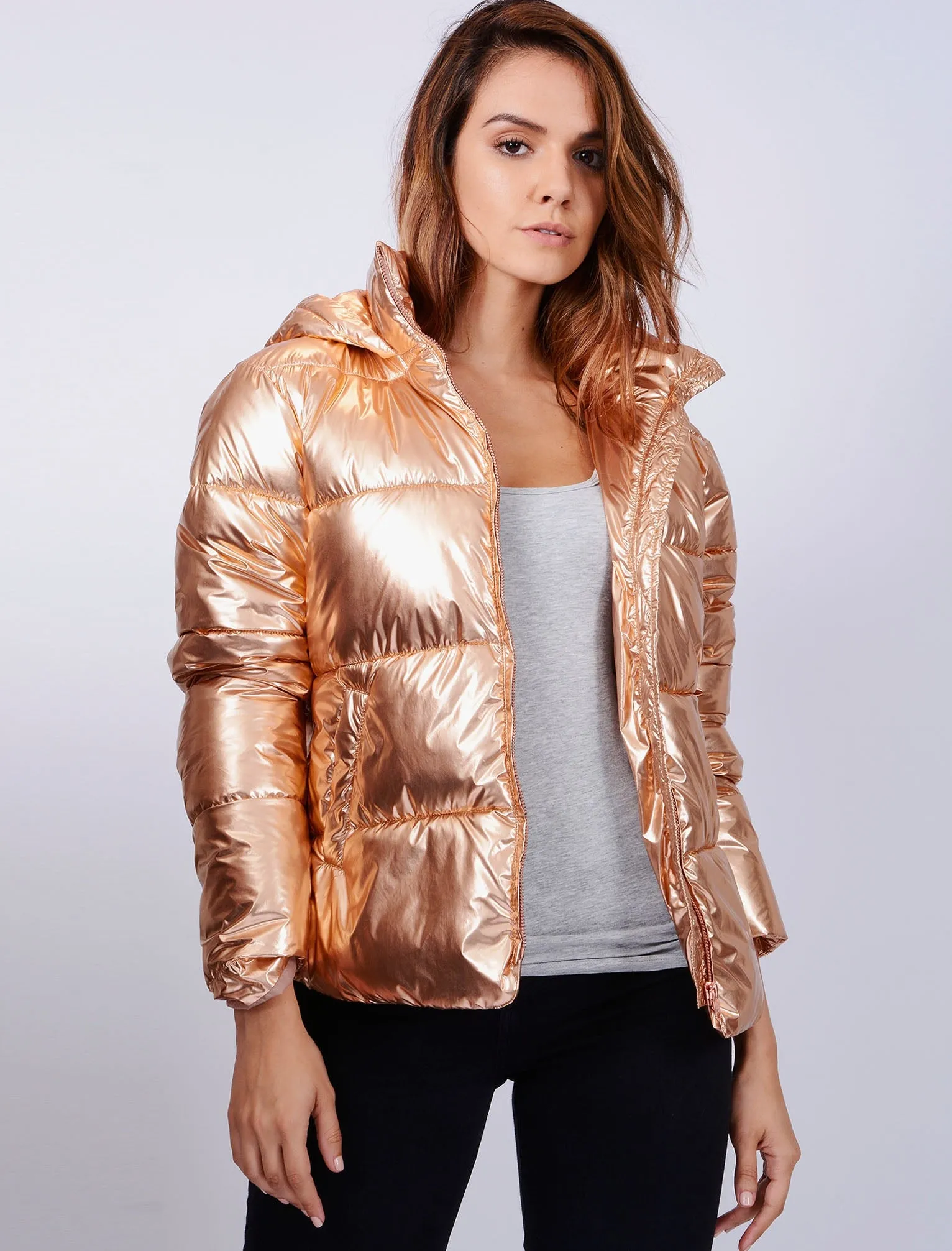 Ginger Quilted Hooded Jacket in Rose Gold Metallic - Tokyo Laundry