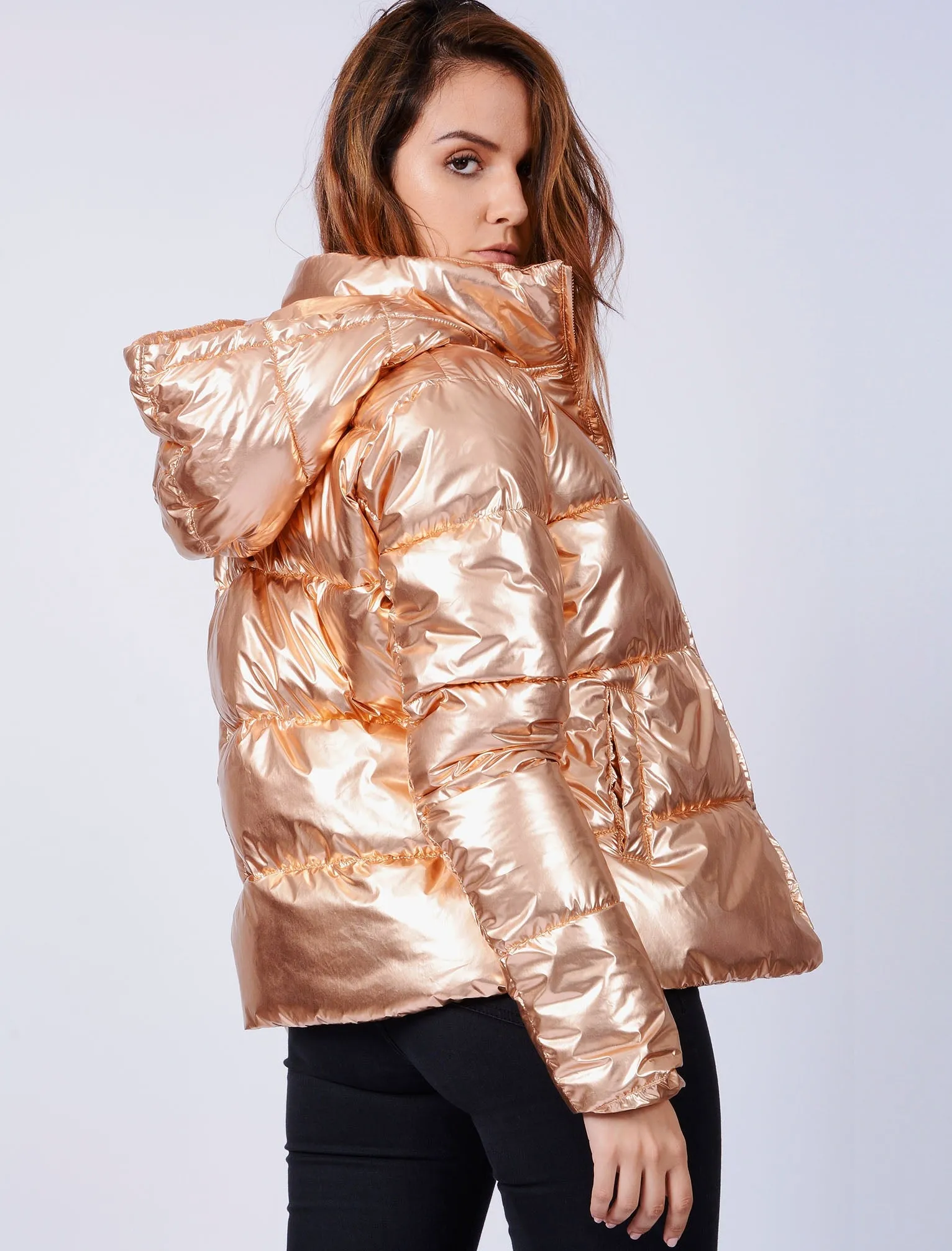 Ginger Quilted Hooded Jacket in Rose Gold Metallic - Tokyo Laundry