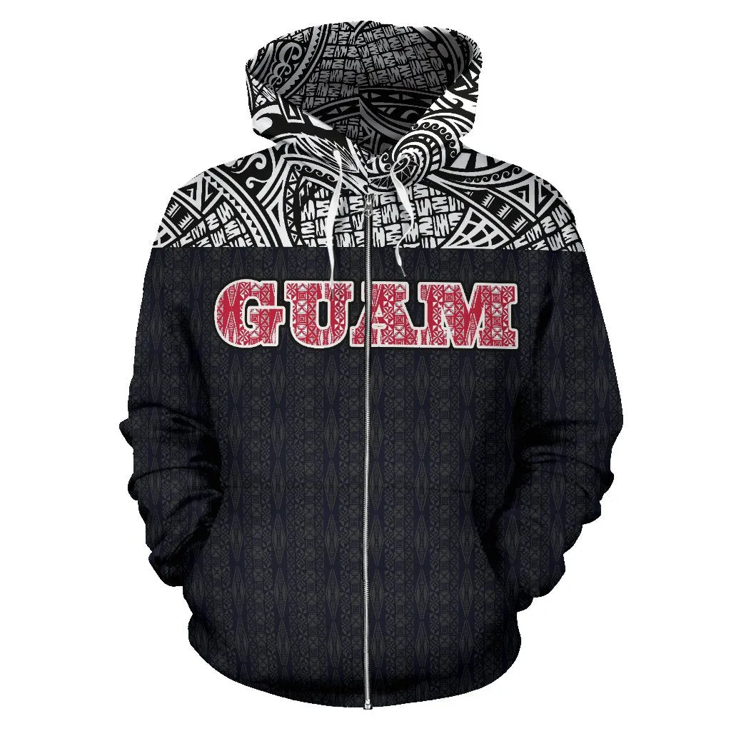 Guam Black Polynesian All Over Zip-Up Hoodie - Bn09