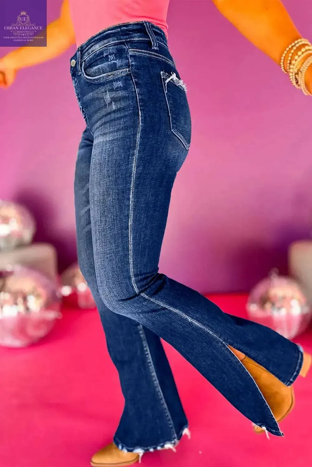 High Waist Side Slits Flare Jeans