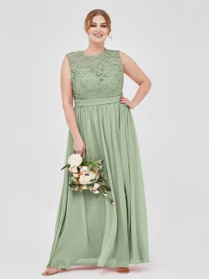 Illusion Neck Chiffon and Lace Dresses Dusty Sage