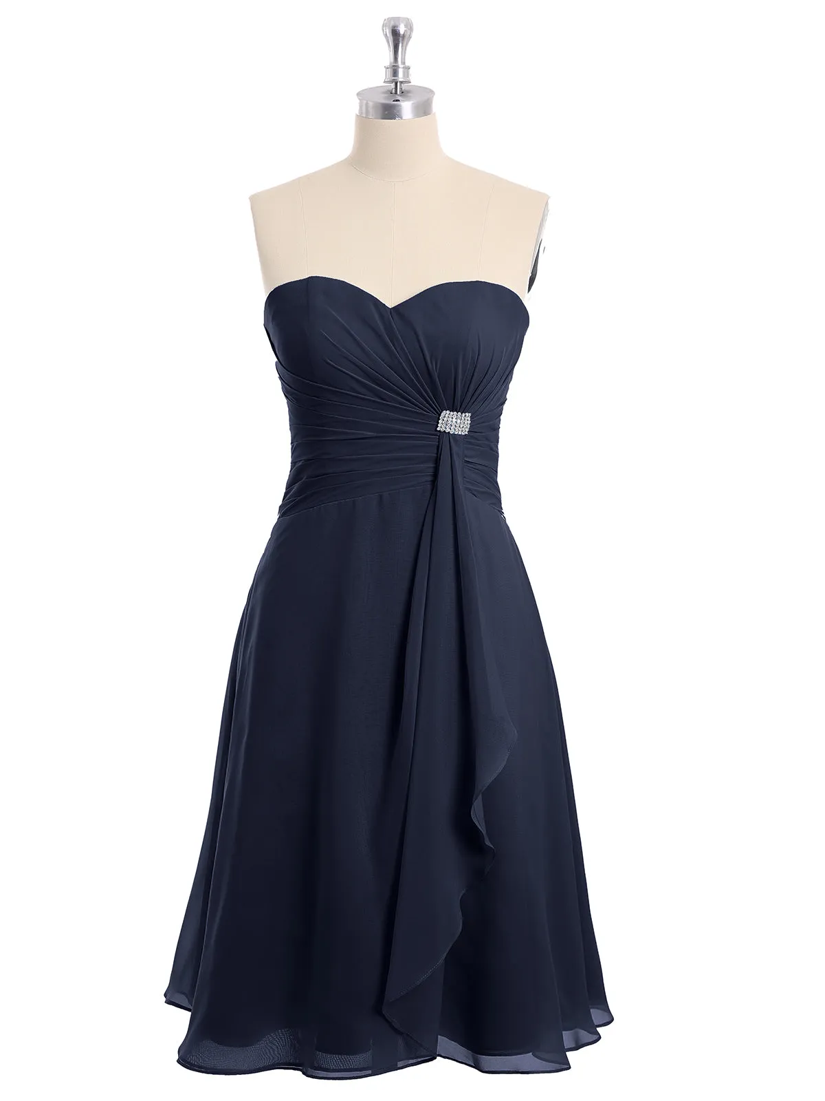 Knee Length Chiffon Dress with Sweetheart Neck-Dark Navy