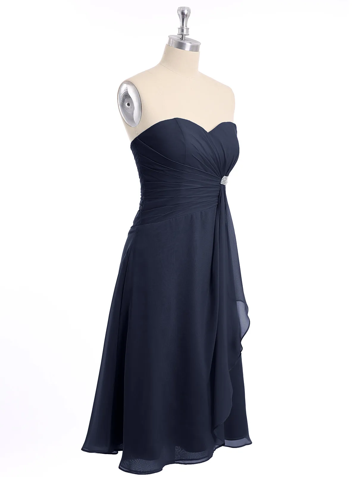 Knee Length Chiffon Dress with Sweetheart Neck-Dark Navy