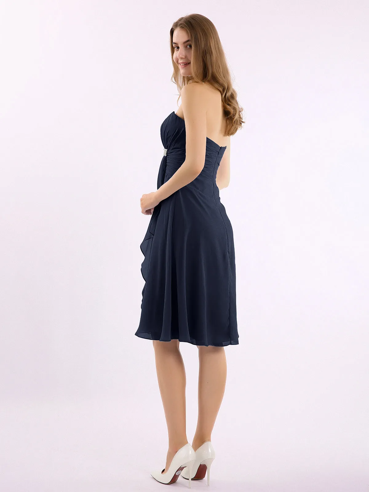 Knee Length Chiffon Dress with Sweetheart Neck-Dark Navy