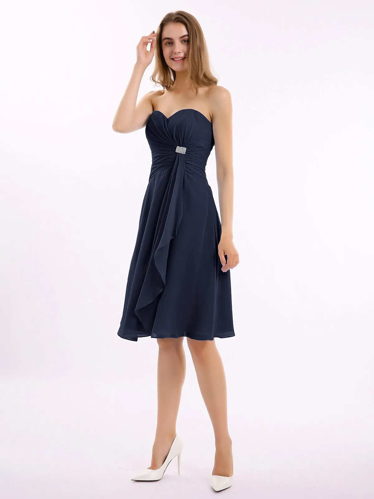 Knee Length Chiffon Dress with Sweetheart Neck-Dark Navy