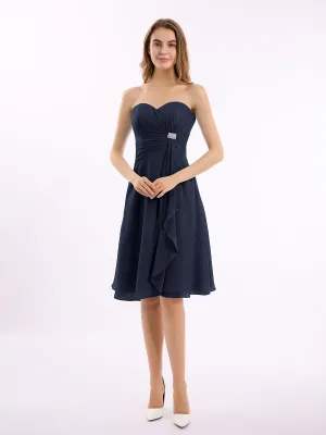 Knee Length Chiffon Dress with Sweetheart Neck-Dark Navy