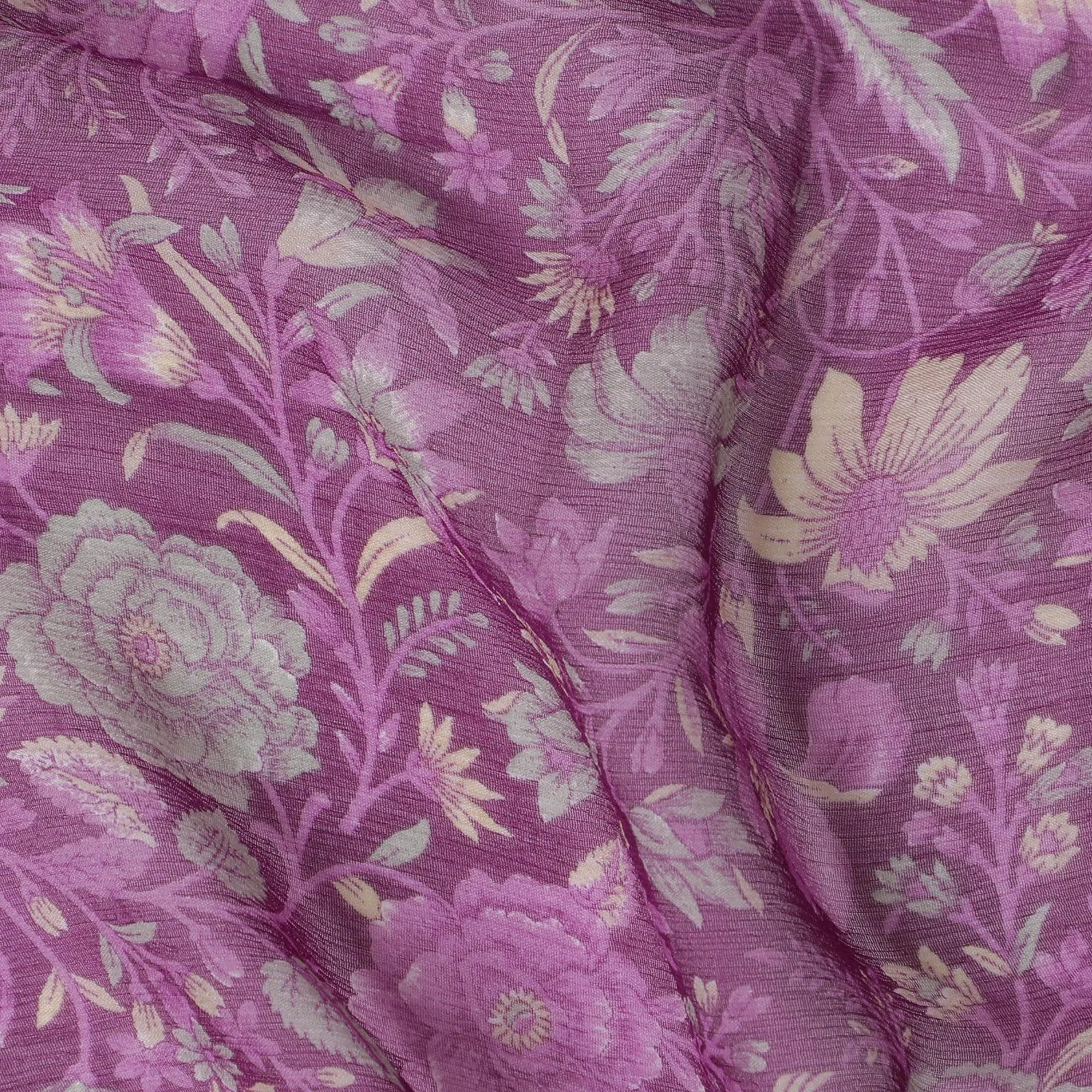 Lavender Blossom Pure Silk wrinkle Chiffon Fabric - Elegant Printed Design, 110cm Width - Buy Online by the Meter-D18044