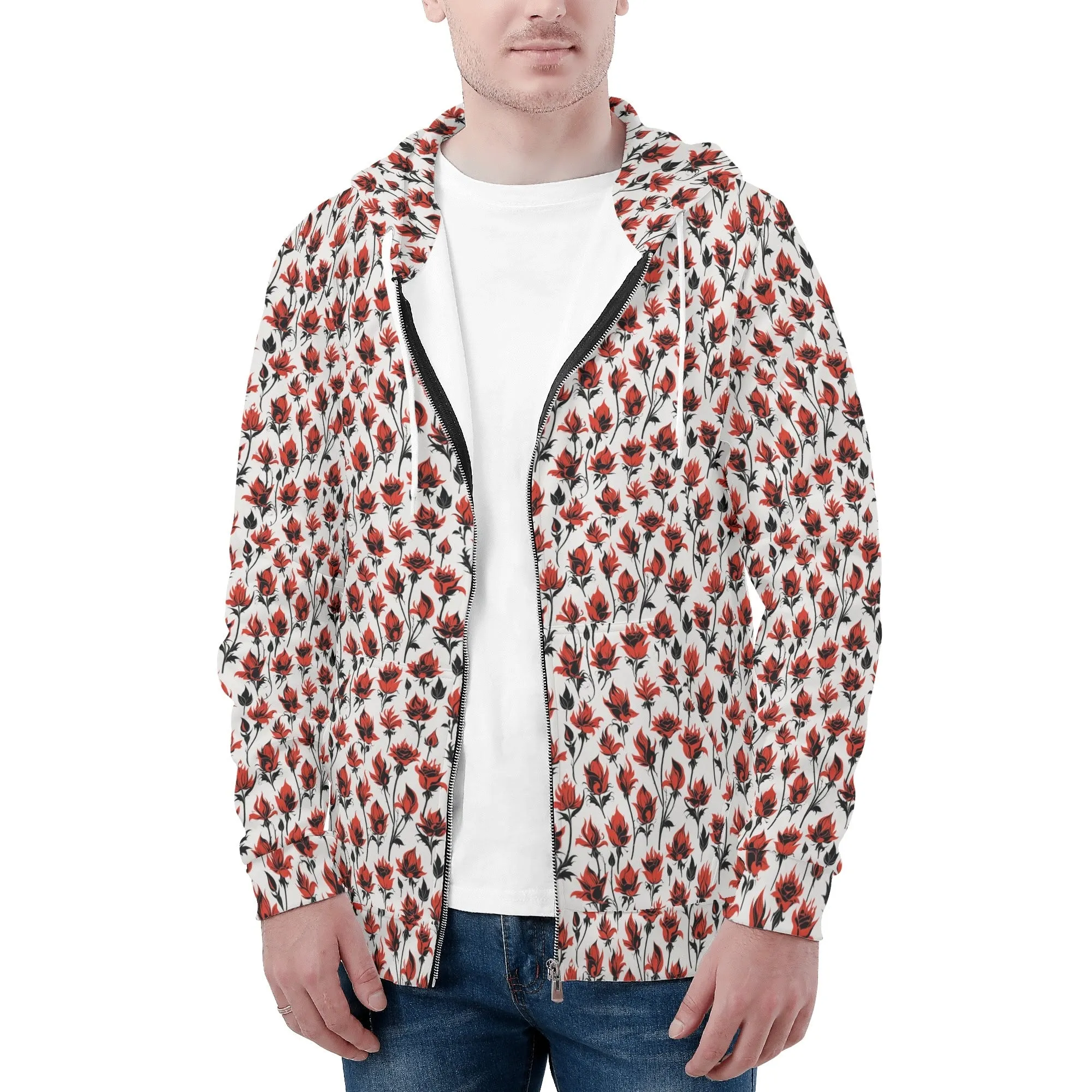 Mens Floral Fire Classic Zip Up Hoodie Warm Jacket