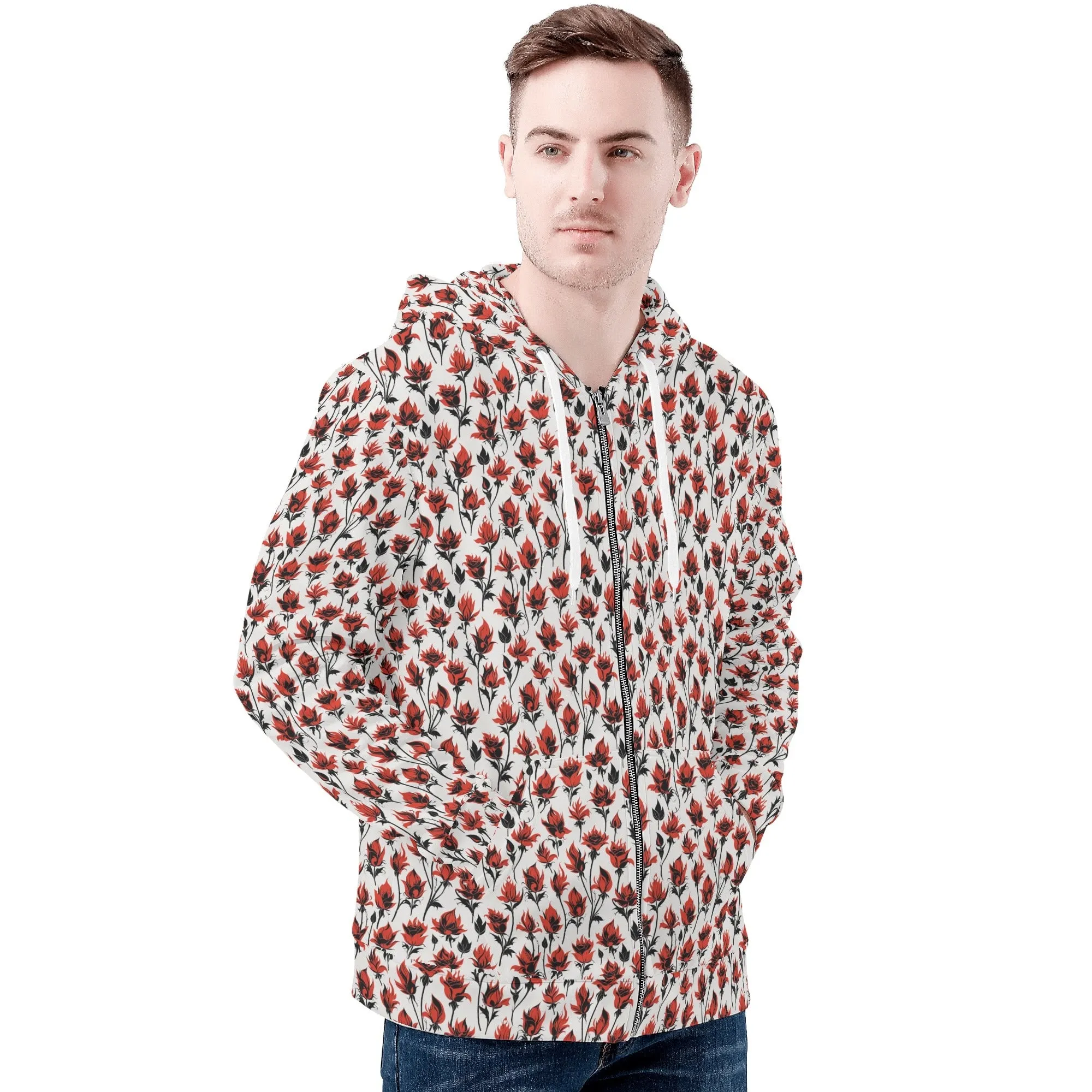 Mens Floral Fire Classic Zip Up Hoodie Warm Jacket