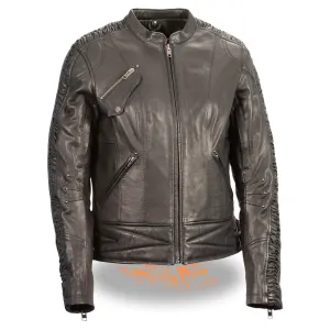 Milwaukee Leather-MLL2571-Ladies Black Lightweight Black Racer Jacket with Crinkled Arm Detailing