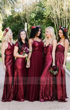 Mismatched Burgundy Bridesmaid Dresses, Sequin Bridesmaid Dresses, Long Bridesmaid Dresses Sequined