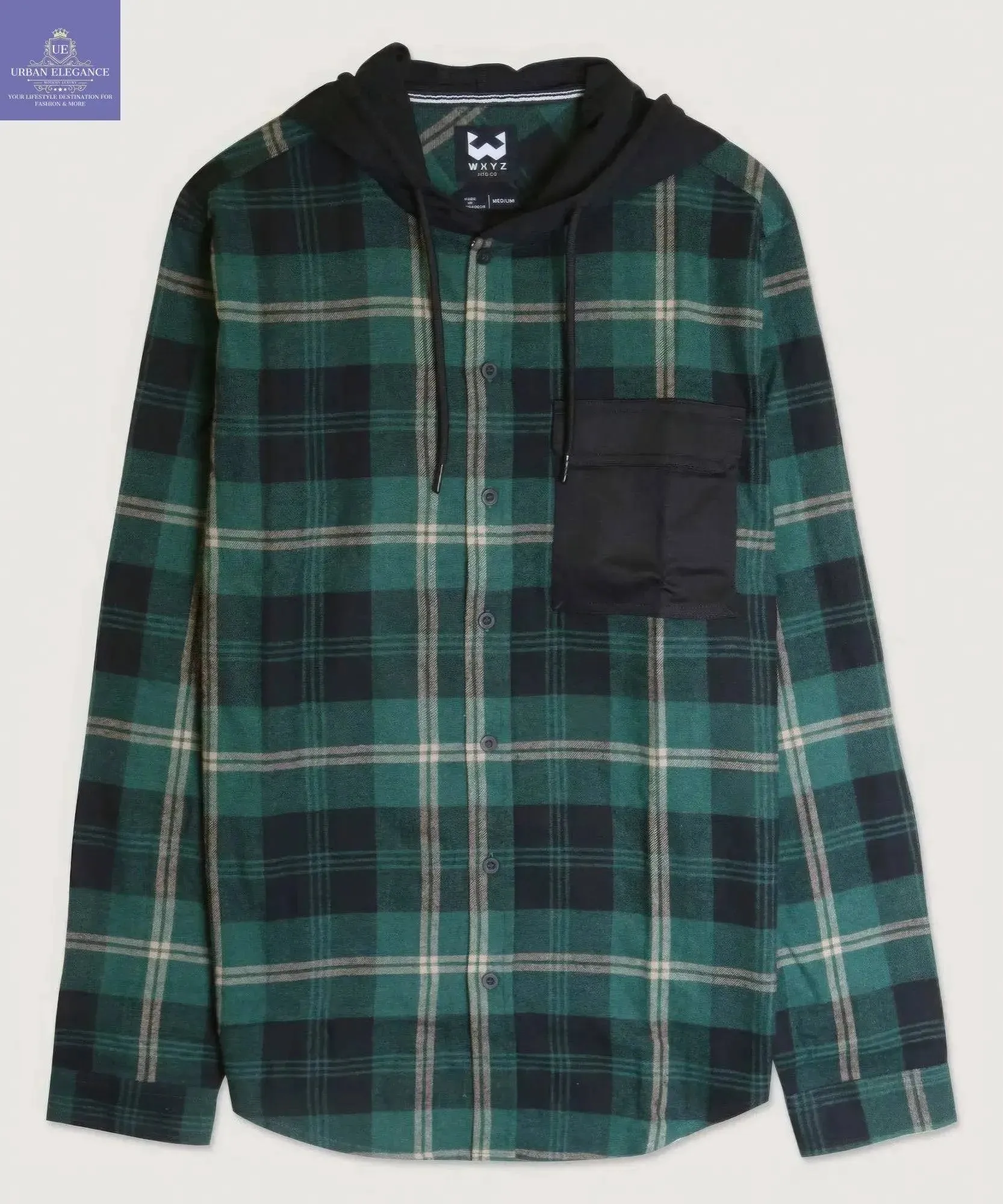 Plaid Hooded Shirt with Contrast Pockets