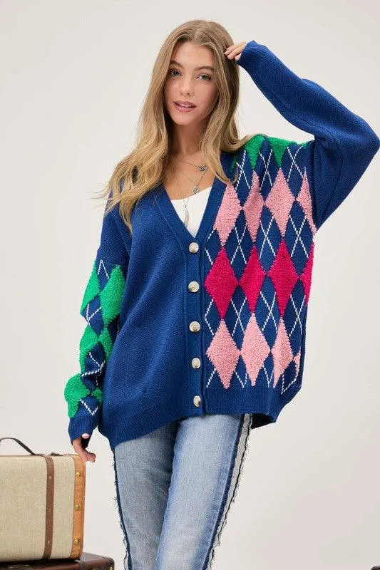 Plush Argyle Button Front Loose Fit Knit Cardigan