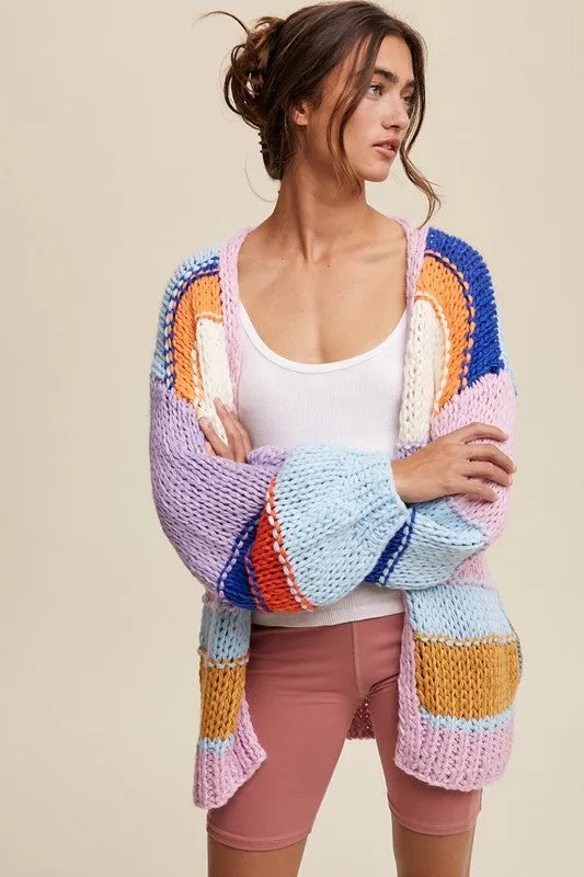 Rainbow Wave Hand Knit Multi Striped Cardigan