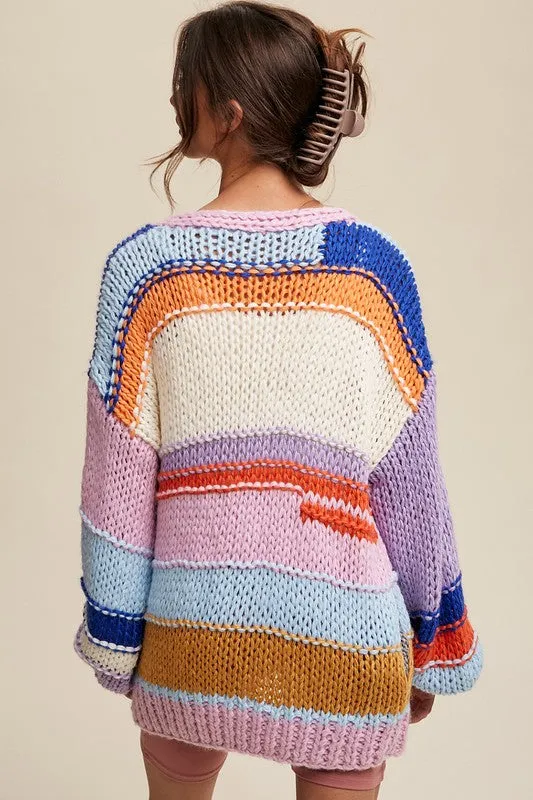 Rainbow Wave Hand Knit Multi Striped Cardigan