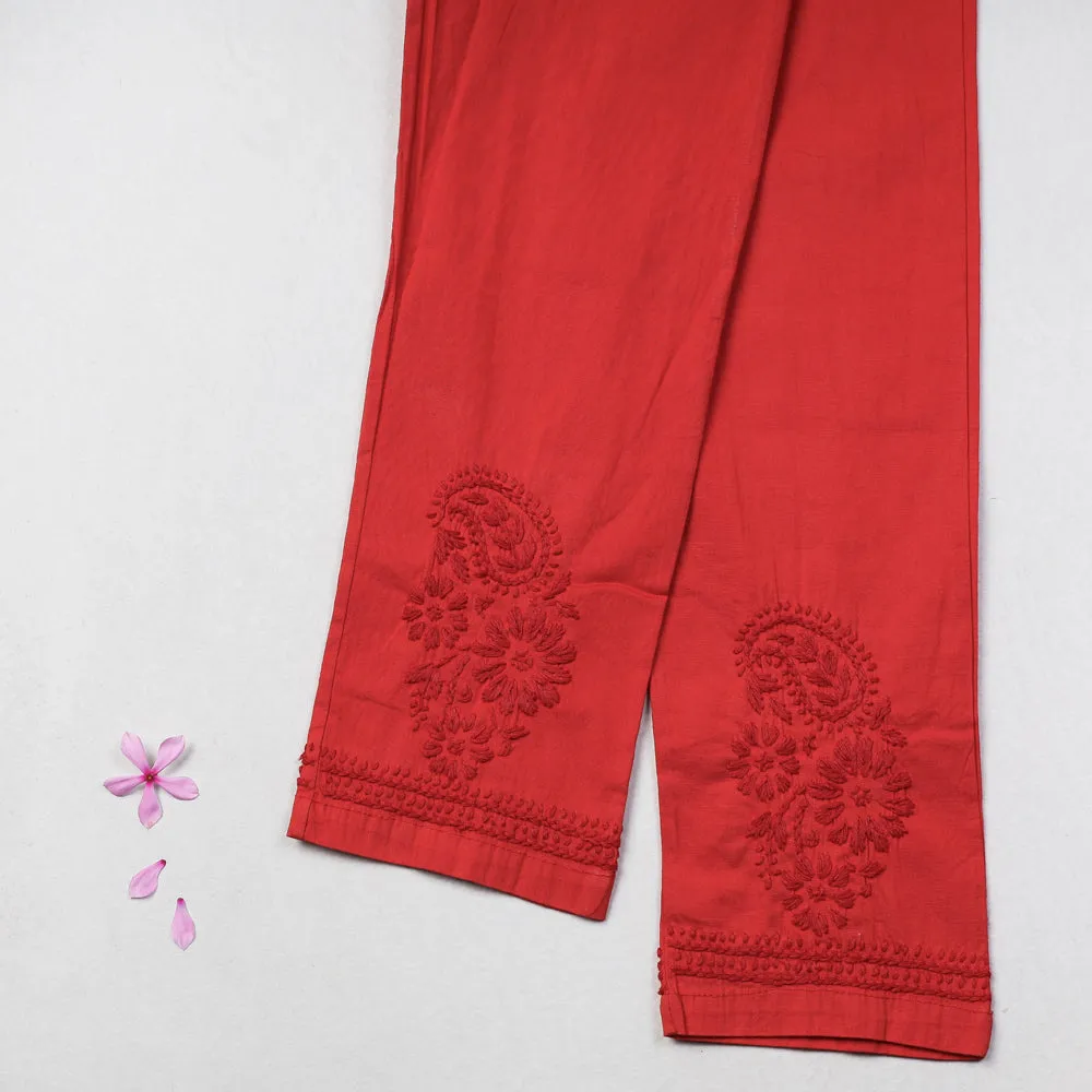 Red - Chikankari Hand Embroidered Cotton Lycra Cropped Pant (Free Size)