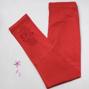 Red - Chikankari Hand Embroidered Cotton Lycra Cropped Pant (Free Size)