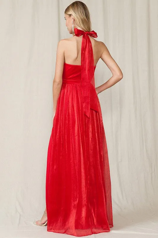 Red Halter Neck Flowy Glitter Matallic Fabric Slit Maxi Dress