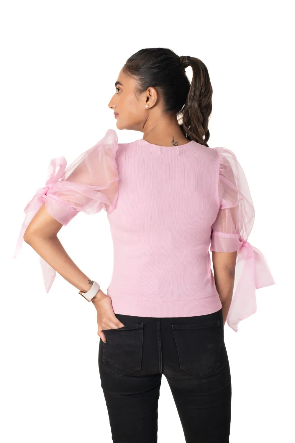 Round neck Blouses with Bow Tied-up Sleeves