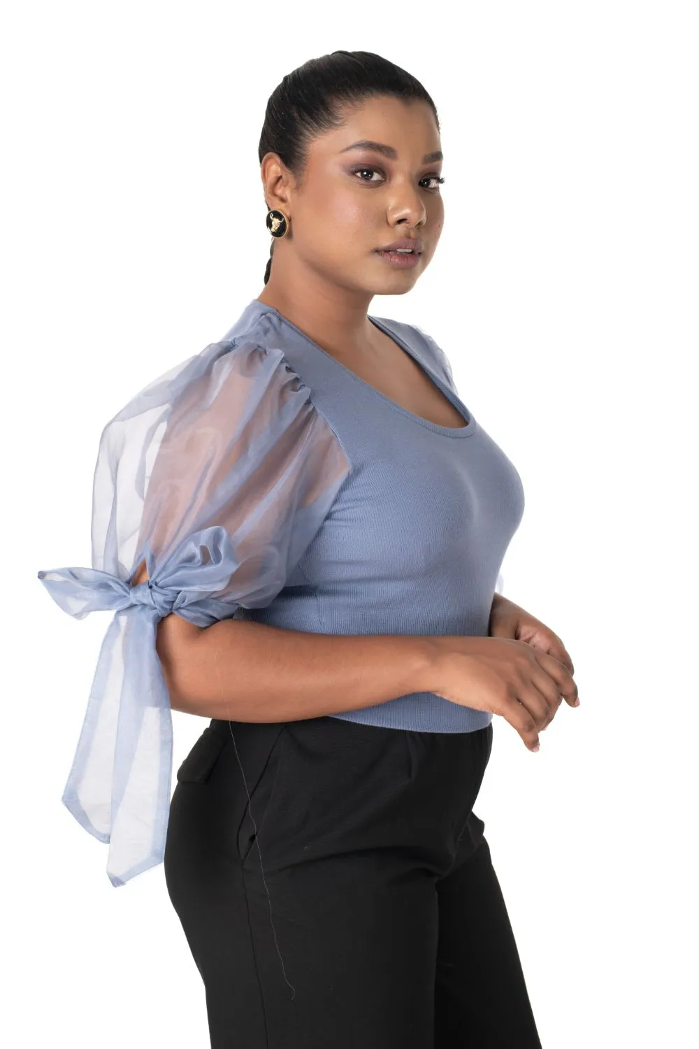 Round neck Blouses with Bow Tied-up Sleeves