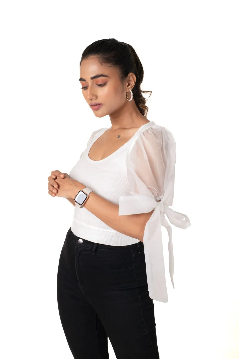 Round neck Blouses with Bow Tied-up Sleeves