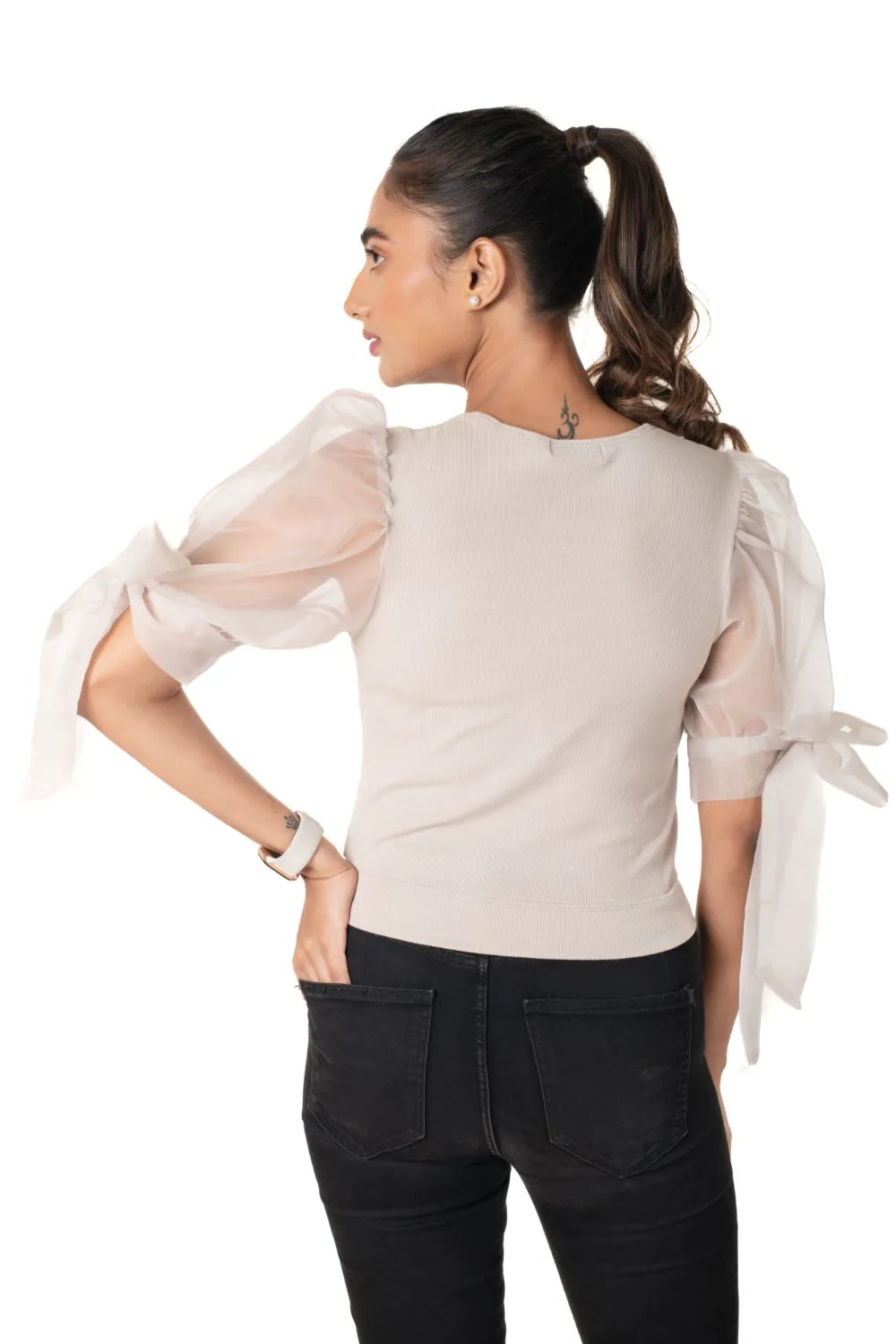 Round neck Blouses with Bow Tied-up Sleeves