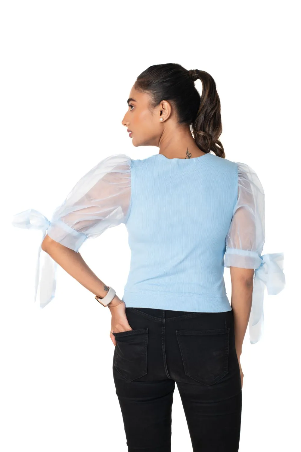 Round neck Blouses with Bow Tied-up Sleeves