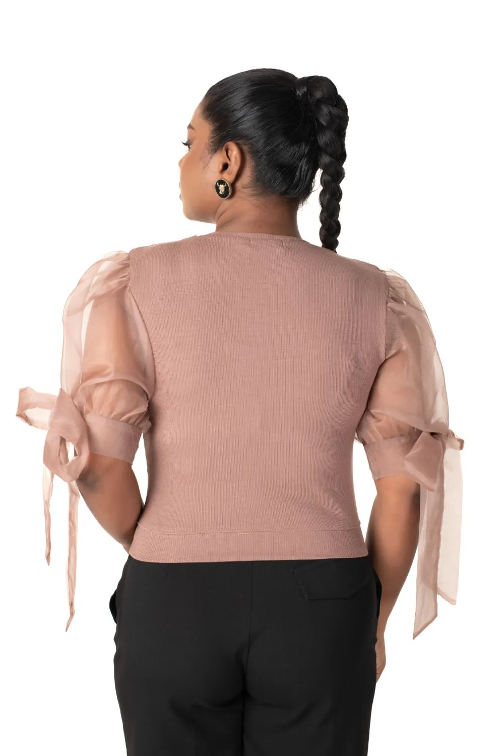 Round neck Blouses with Bow Tied-up Sleeves