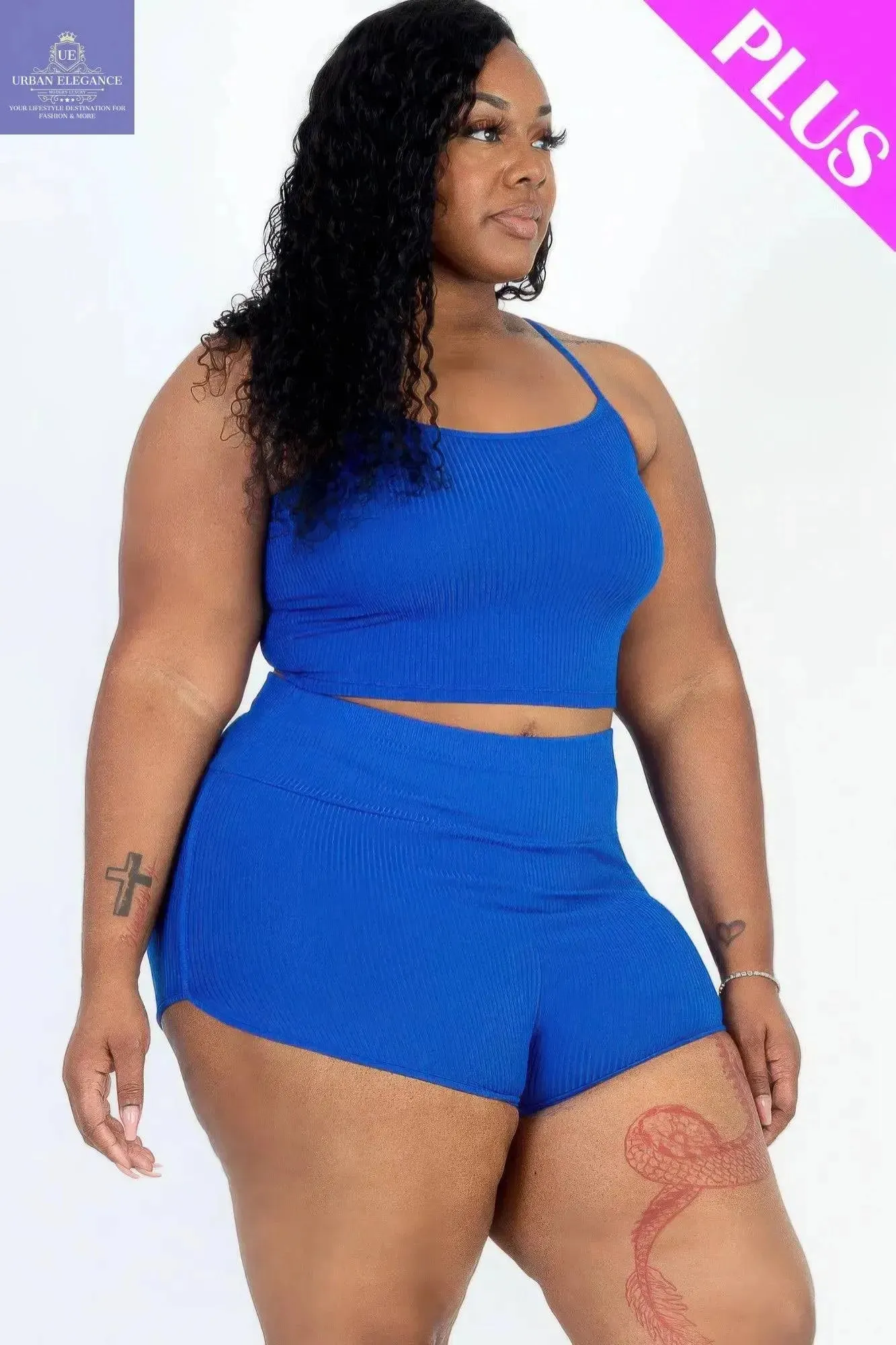 Royal Ribbed Plus Size Cami & Shorts Set