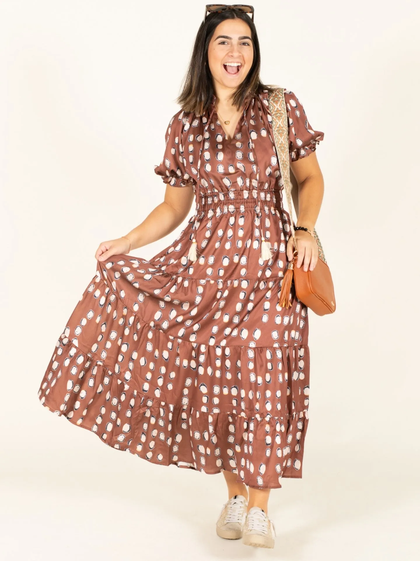 Tassel Tie Print Tiered Dress