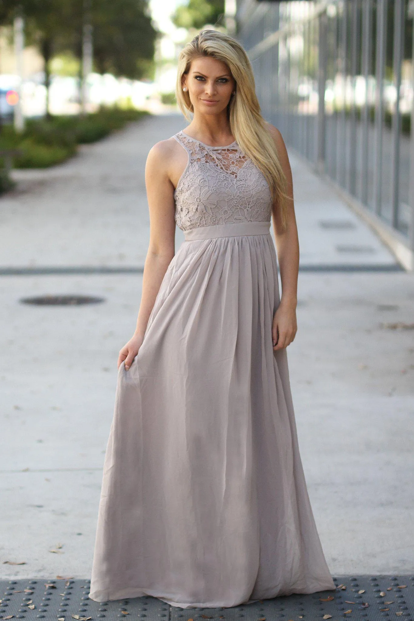 Taupe Crochet Maxi Dress