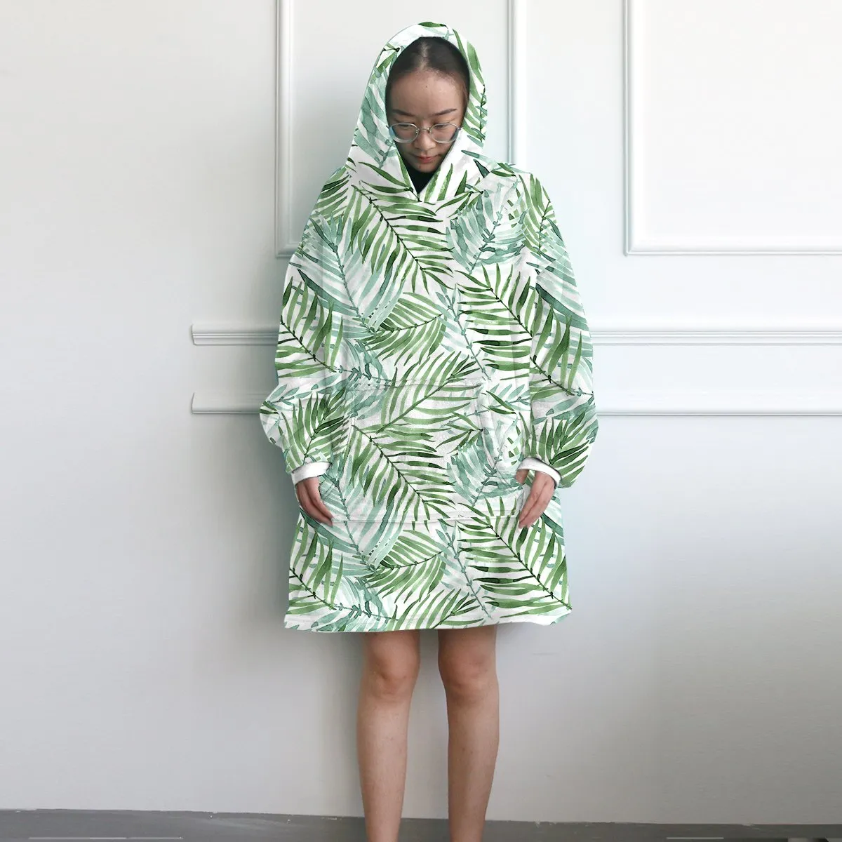 Tropical Palm Leaves Wearable Blanket Hoodie