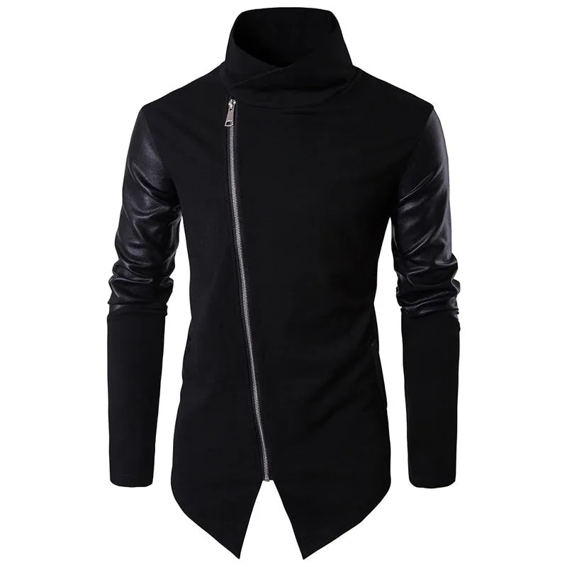 Turtleneck Sweater for Men in Alternative Fashion Clothes / PU Leather Sleeve Design Cardigans