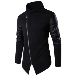 Turtleneck Sweater for Men in Alternative Fashion Clothes / PU Leather Sleeve Design Cardigans