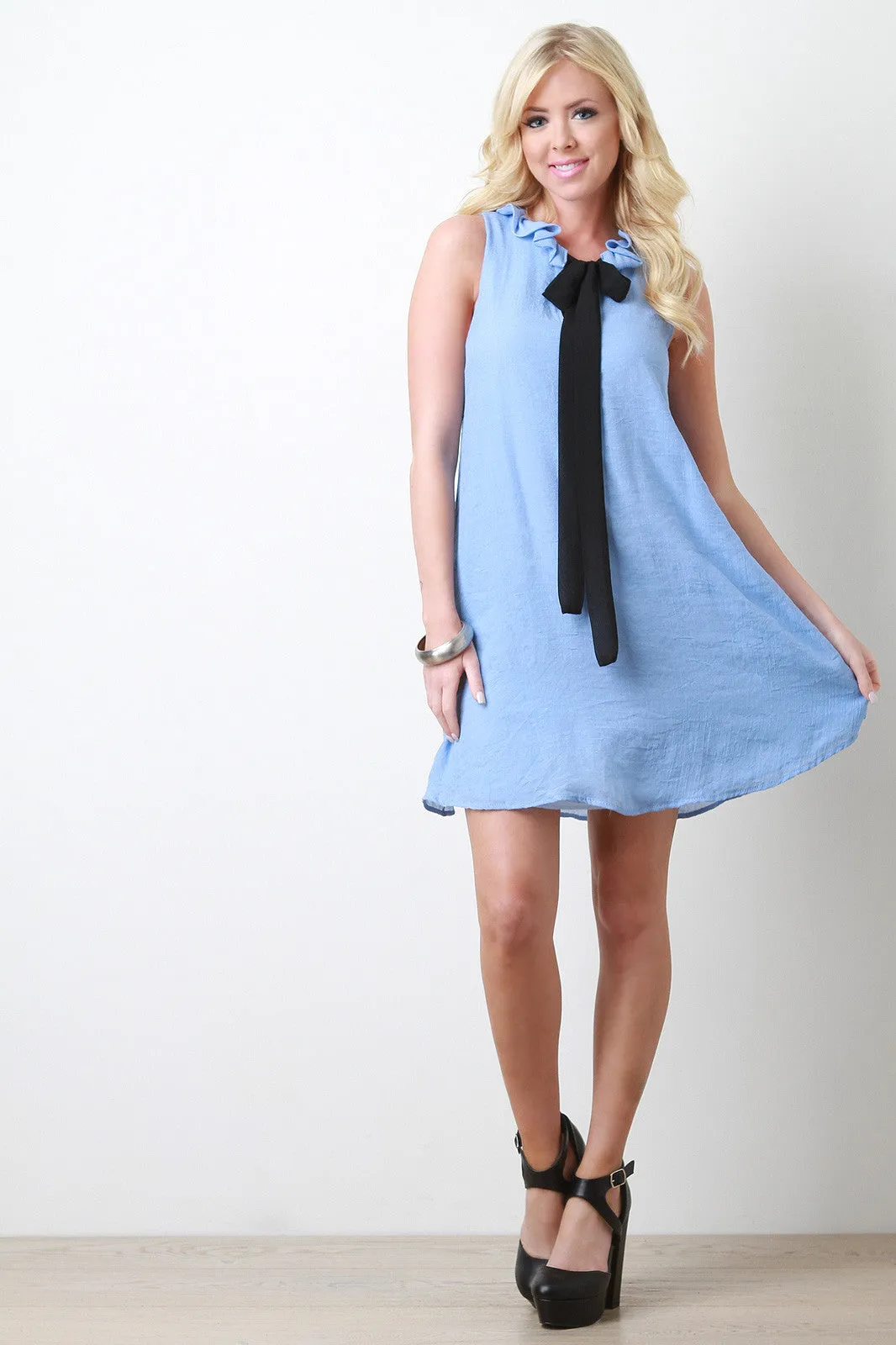 V-Neck Ribbon Tie Shift Dress